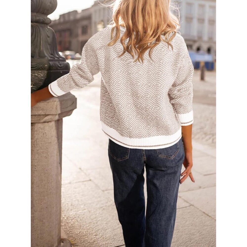 Women’s Chunky Knit V Neck Sweater Color Block Fall Casual Soft Top - Picture 4 of 5